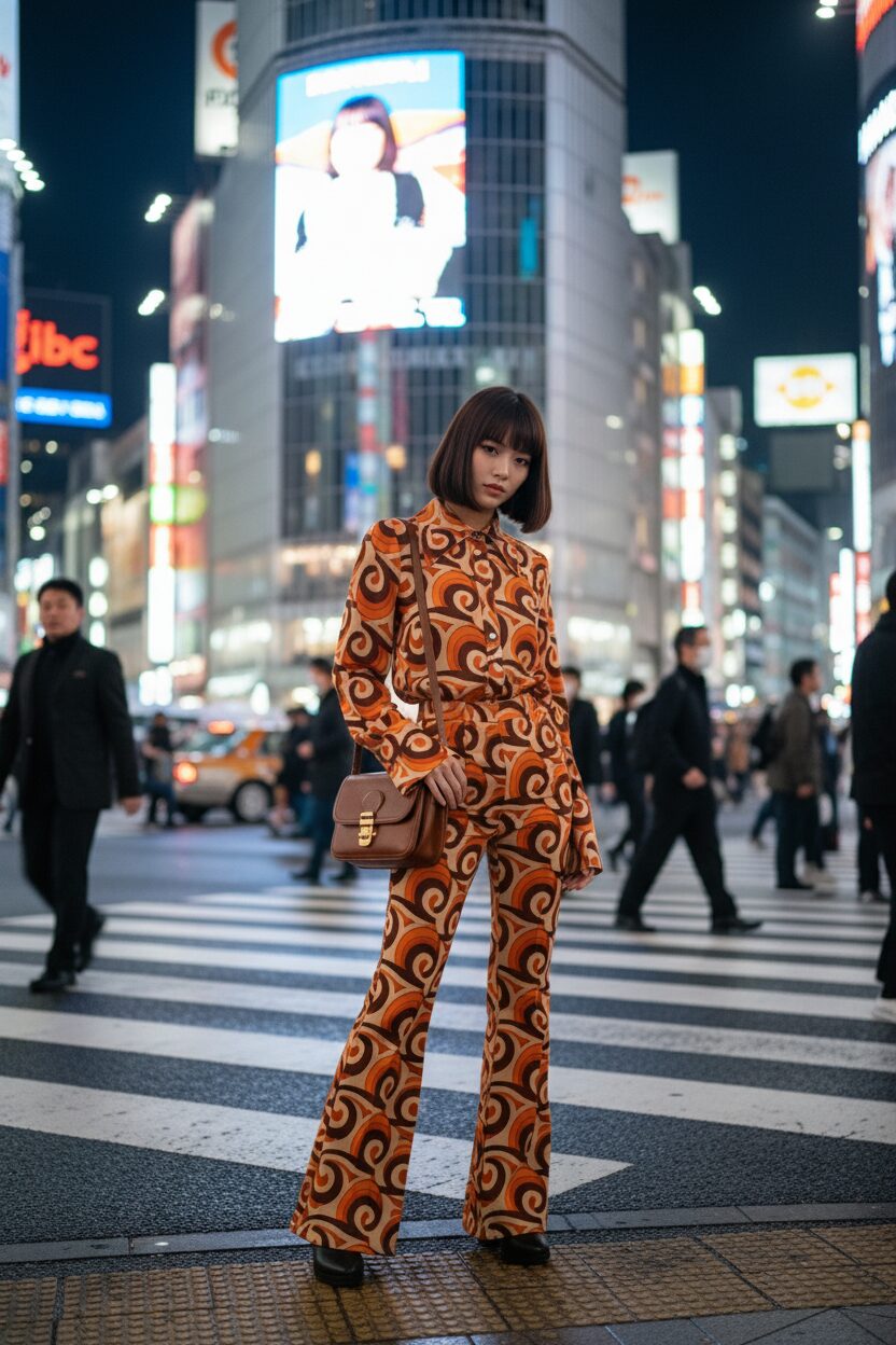 夜の渋谷スクランブル交差点の雑踏の中、70年代風のサイケデリックな幾何学模様のセットアップを着こなす、ボブヘアの若い女性。オレンジとブラウンを基調とした大胆な柄が、周囲のカラフルな広告灯に照らされて一層際立っている、躍動感あふれるストリートスナップ。