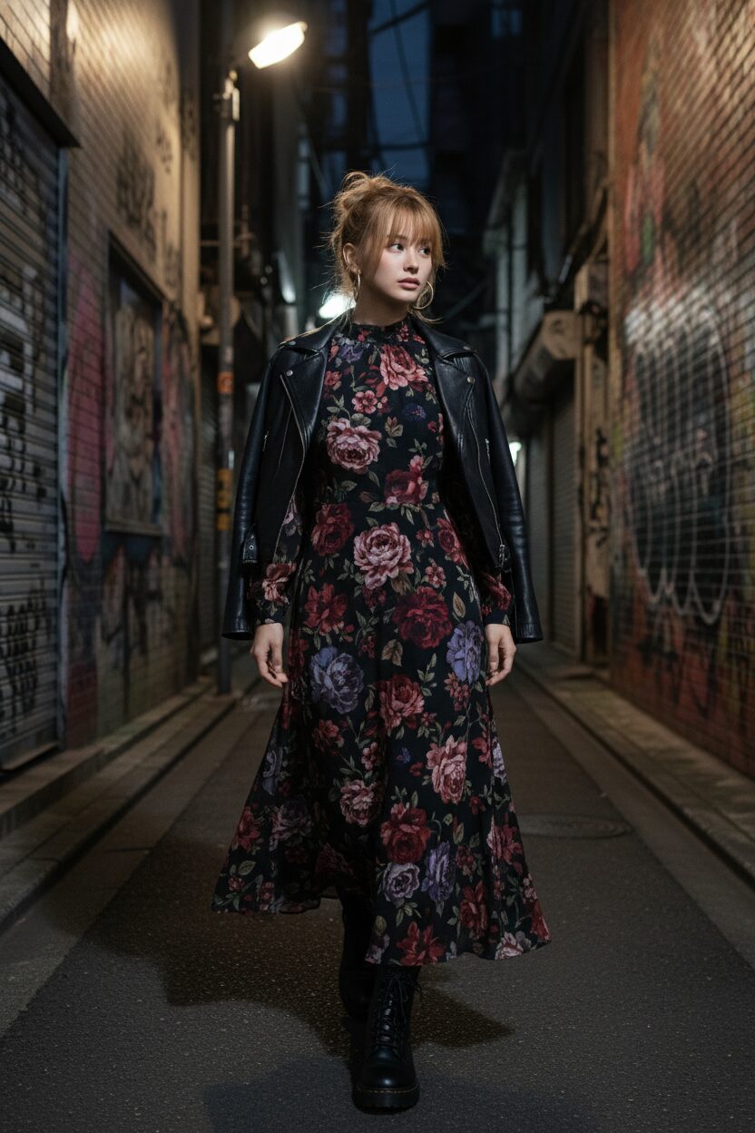 夜の原宿、グラフィティアートが描かれた路地裏を歩く女性。黒地に深紅と紫の大きな花が描かれたダークフローラル柄のマキシワンピースに、コンバットブーツとレザーのライダースジャケットを合わせ、ロマンティックかつエッジの効いたスタイルを表現している、雰囲気のある一枚。