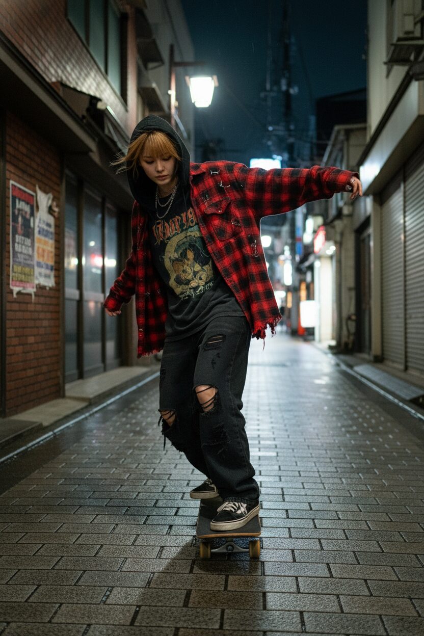 夜の高円寺の静かな通りをスケートボードで滑る、アンドロジナスなスタイルの人物。赤と黒のパンク風な変形チェック柄シャツを、ヴィンテージのバンドTシャツの上に羽織り、ダメージ加工のバギージーンズを合わせている。クールでリアルなストリートの雰囲気が伝わる広角レンズでのアクションショット。