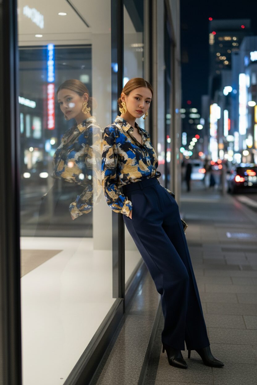 夜の銀座、アートギャラリーの窓に寄りかかる洗練された女性。モダンアートのような、コバルトブルーとゴールドの大胆な筆致が印象的なアートプリントのシルクブラウスに、ネイビーのワイドパンツを合わせている。ガラスの反射に映る街の光が、エレガントで現代的な雰囲気を醸し出しているファッションポートレート。