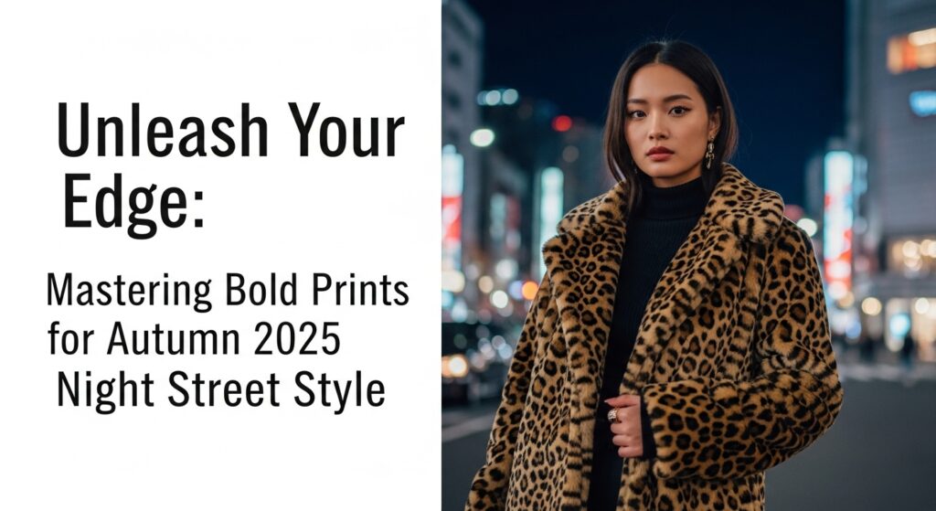 2025年秋、ネオンが輝く東京の夜の街を背景に、大胆なレオパード柄のフェイクファーコートを着てポーズをとる、自信に満ちた表情の日本人女性。