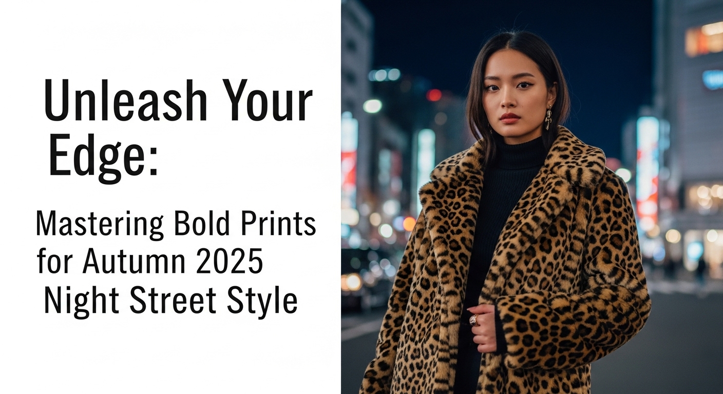 2025年秋、ネオンが輝く東京の夜の街を背景に、大胆なレオパード柄のフェイクファーコートを着てポーズをとる、自信に満ちた表情の日本人女性。