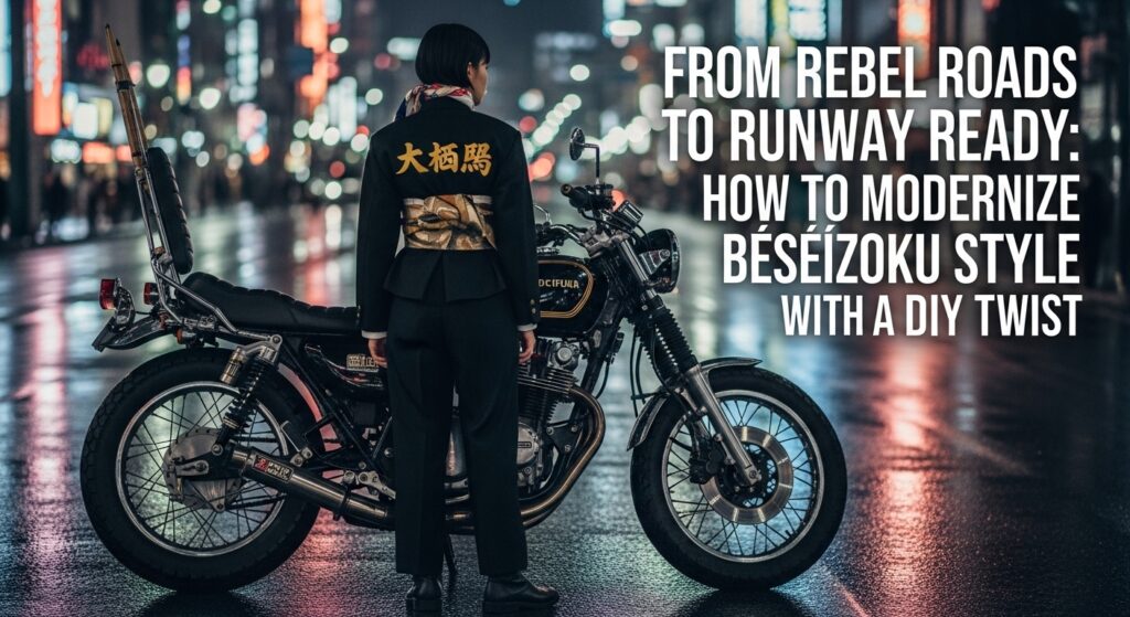 夜の東京、新宿のネオン街を背景に、特攻服を着た若い女性が派手にデコレーションされた暴走族バイクの横に立っている。女性は、背中に金の漢字刺繍が入った黒い特攻服を羽織り、胸にはさらしを巻いている。バイクは三段シートや竹槍マフラーといった特徴的な改造が施されている。雨に濡れた路面がネオンの光を反射し、映画のワンシーンのような雰囲気を醸し出している。