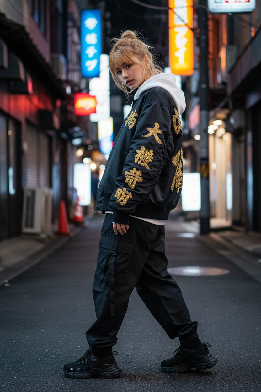 夜の新宿の路地裏、ネオンの光を浴びて立つ若い日本人女性のファッションポートレート。背中に金色の漢字刺繍が施された黒のオーバーサイズボンバージャケットを白いパーカーの上に羽織り、黒のカーゴパンツを合わせている。ハイコントラストでシャープなストリートスナップ風の写真。