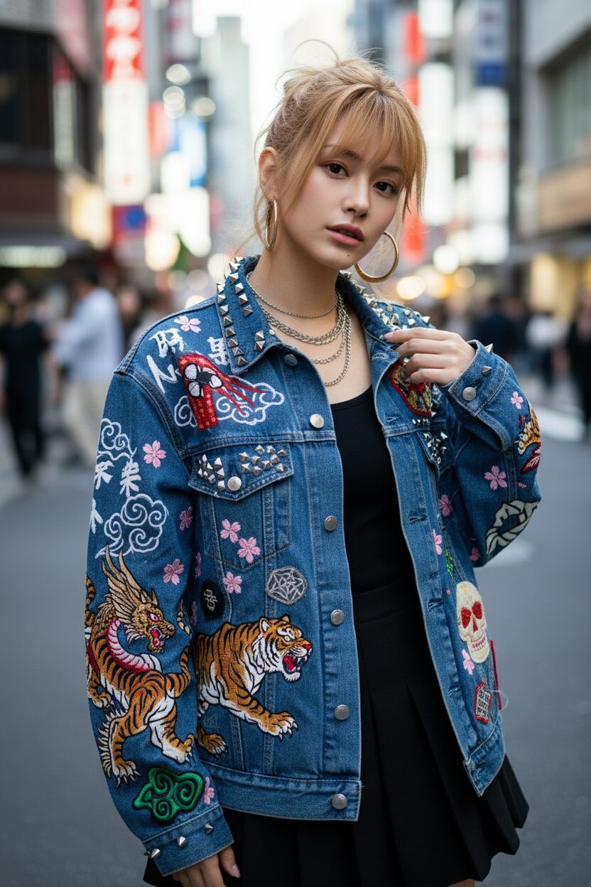 カスタマイズされたデニムジャケットのクローズアップ写真。龍や虎といった手描きの和柄モチーフ、パンク風のメタルスタッズ、様々なDIYワッペンで装飾されている。背景はぼかした東京のストリートで、ジャケットの質感と手仕事のディテールが強調されている。