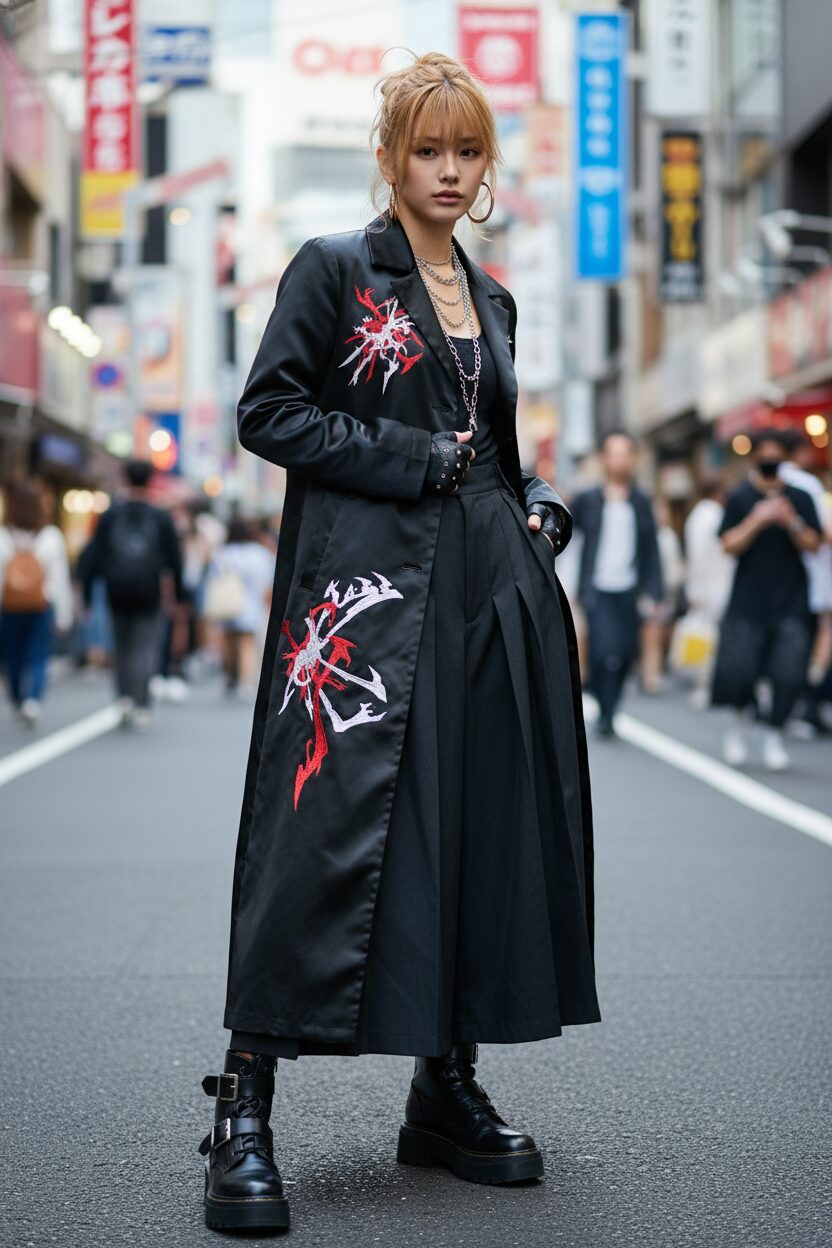 原宿のカラフルな背景の中、アンドロジナスなスタイルの人物の全身ストリートスナップ。改造された特攻服をロングコートのように着こなし、袴スタイルのワイドパンツと厚底ブーツを合わせている。動きと反骨精神が感じられる一枚。