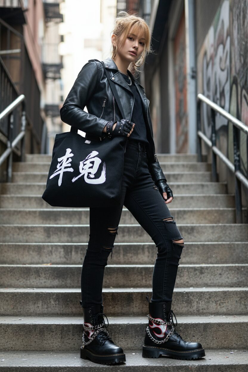 暴走族カルチャーにインスパイアされた小物に焦点を当てたファッション写真。カスタムペイントとチェーンが施された黒のコンバットブーツ、指なしのレザーグローブ、そして大胆な漢字が書かれたカスタムトートバッグを身につけている。薄暗い都会の階段でローアングルから撮影され、エッジの効いた雰囲気だ。