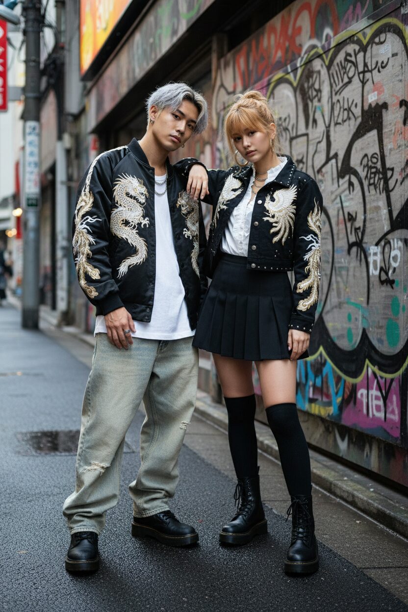渋谷のグラフィティアートを背景に立つ、現代的な「ネオヤンキー」ルックのカップル。男性はカスタムされたスカジャンにバギージーンズ、女性は刺繍入りのクロップドジャケットにプリーツスカートとブーツを合わせ、クールで自信に満ちたポーズをとっている。