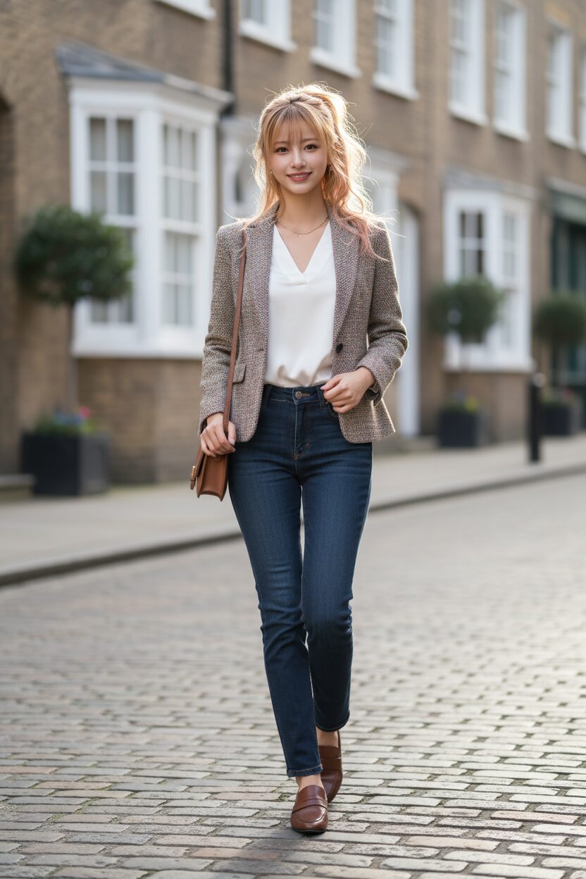 柔らかな朝の光が差し込むロンドンのような石畳の通りを歩く30代前半の日本人女性。ブラウンとクリーム色のクラシックなツイードジャケットに白いシルクブラウス、ダークウォッシュのストレートジーンズを合わせ、上品なブラウンのレザーローファーを履いている。洗練されたブリティッシュシックなコーディネートの全身写真。