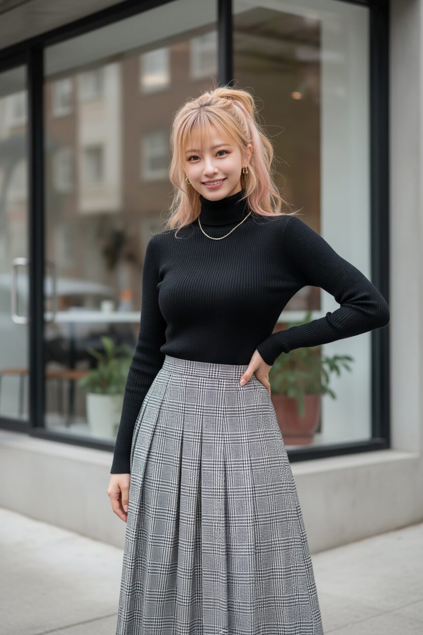 大きな窓のあるモダンでミニマルなカフェの前に上品に立つ20代後半の女性。クラシックなグレンチェック柄のハイウエスト・ロングプリーツスカートに、上質な黒のタートルネックセーターを合わせている。落ち着いた洗練された雰囲気のファッション写真。