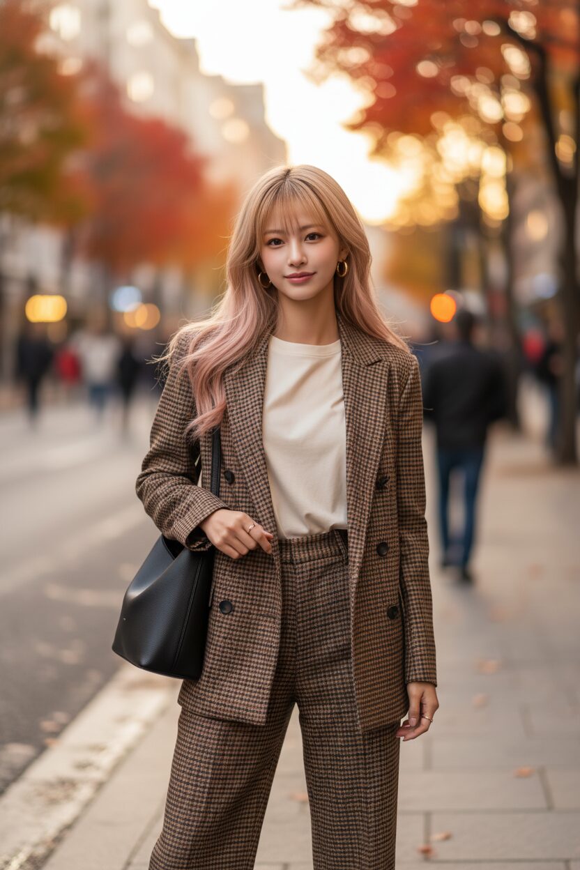 秋の街角でポーズをとる30代のおしゃれな女性。ブラウン系のタータンチェックのブレザーと、お揃いのワイドパンツをセットアップ風に着こなしている。インナーはシンプルなクリーム色のTシャツで、黒いレザートートバッグを持っている。背景には都会の光と紅葉が美しくぼけている。