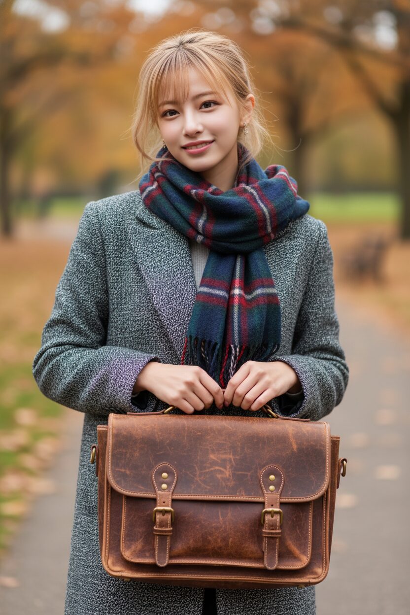 ブリティッシュシックなコーディネートのディテールに焦点を当てたクローズアップ写真。女性がヴィンテージ風のブラウンレザーのサッチェルバッグを手に持っている。グレーのツイードコートを着用し、首元にはクラシックな格子柄のスカーフが巧みに巻かれている。革、ツイード、スカーフの質感が際立つ一枚。