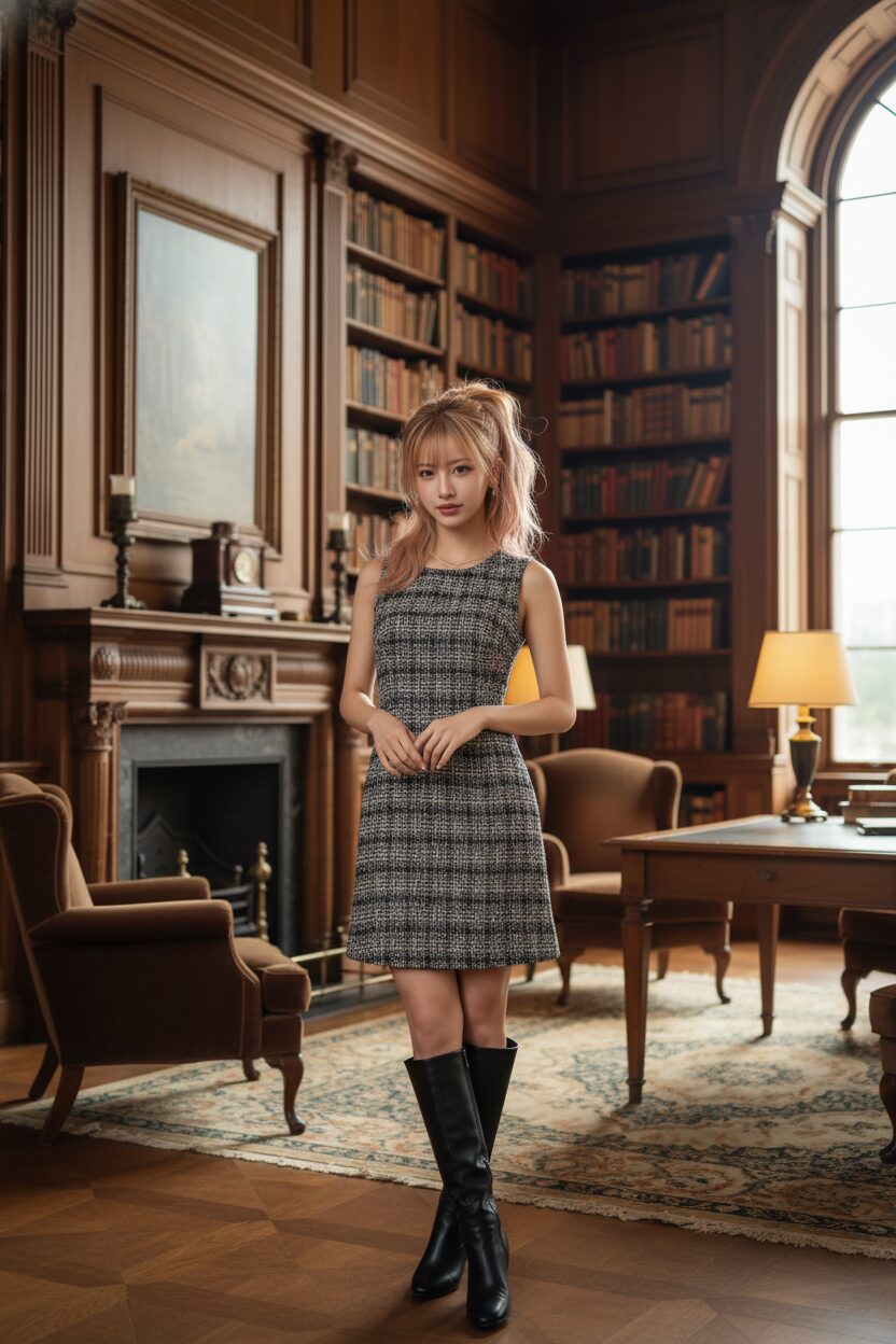 クラシックな木製パネルの書斎に立つ女性の全身写真。上品なノースリーブのツイードワンピース（控えめなチェック柄）に、黒のニーハイレザーブーツを合わせている。知的で居心地の良い雰囲気が漂う、プロのファッション撮影のような一枚。