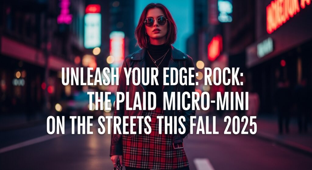 2025年秋の夜、ネオンが光る都会のストリートで、チェック柄のマイクロミニスカートにレザーのジャケットを合わせたエッジの効いたコーディネートでポーズをとる女性。