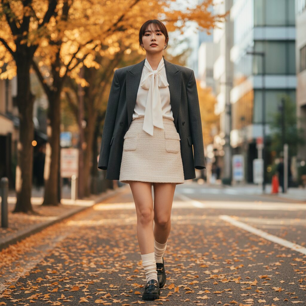 秋の東京のストリートに立つスタイリッシュな日本人女性の全身ショット。質感のあるツイードのマイクロミニスカートとシルクのボウタイブラウスを着用し、その上からオーバーサイズのテーラードジャケットを羽織っています。足元はアイボリーのルーズソックスをくしゅっとさせ、厚底のビットローファーを合わせています。