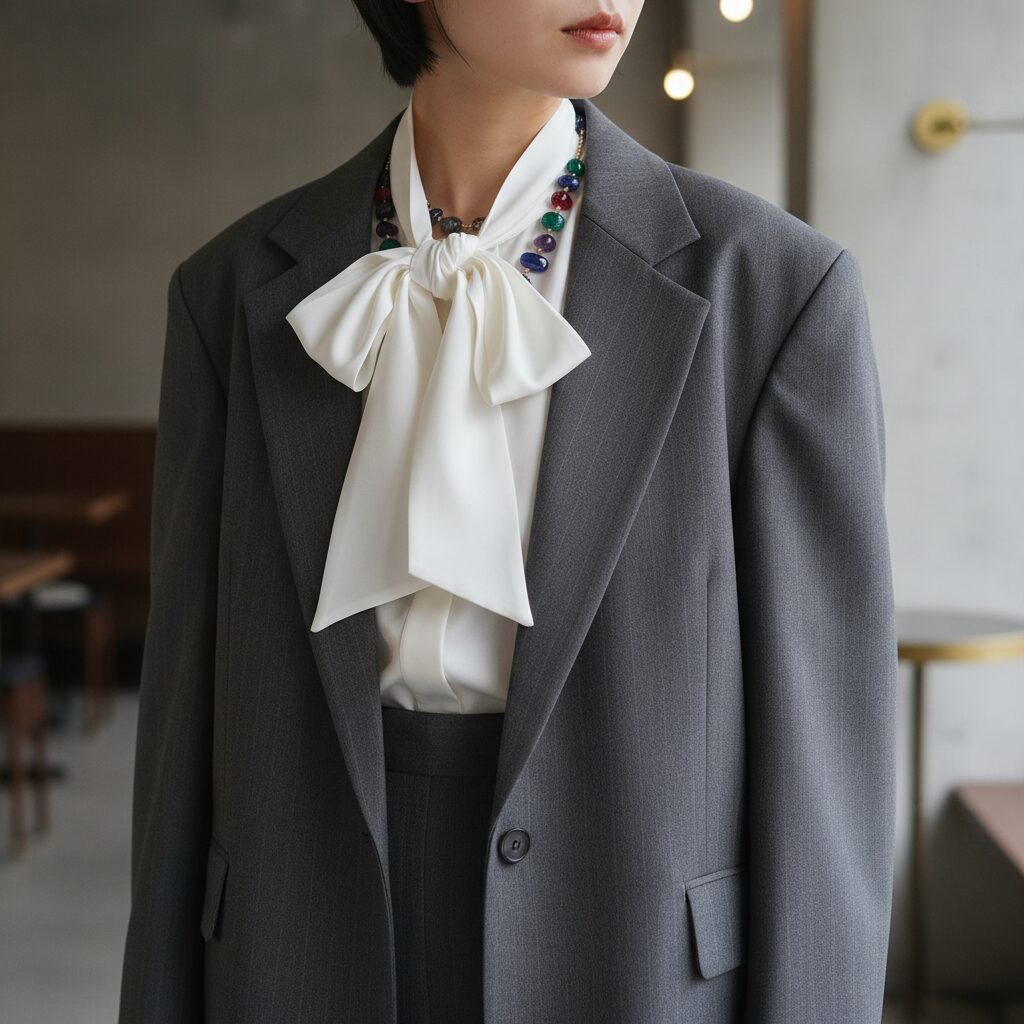 上半身のディテールに焦点を当てたクローズアップショット。ネイビーまたはグレーのオーバーサイズジャケットから覗く、白いブラウスの大きくエレガントなボウタイ。遊び心のあるカラーストーンのネックレスがアクセントになっています。