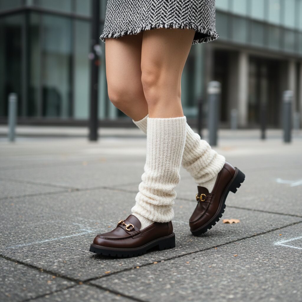 足元のローアングルショット。足首でくしゅっとさせたアイボリーのルーズソックスと、厚底で上質なレザーのビットローファー。フレームの上部にはツイードミニスカートの裾が見えます。背景は都会の舗装路。