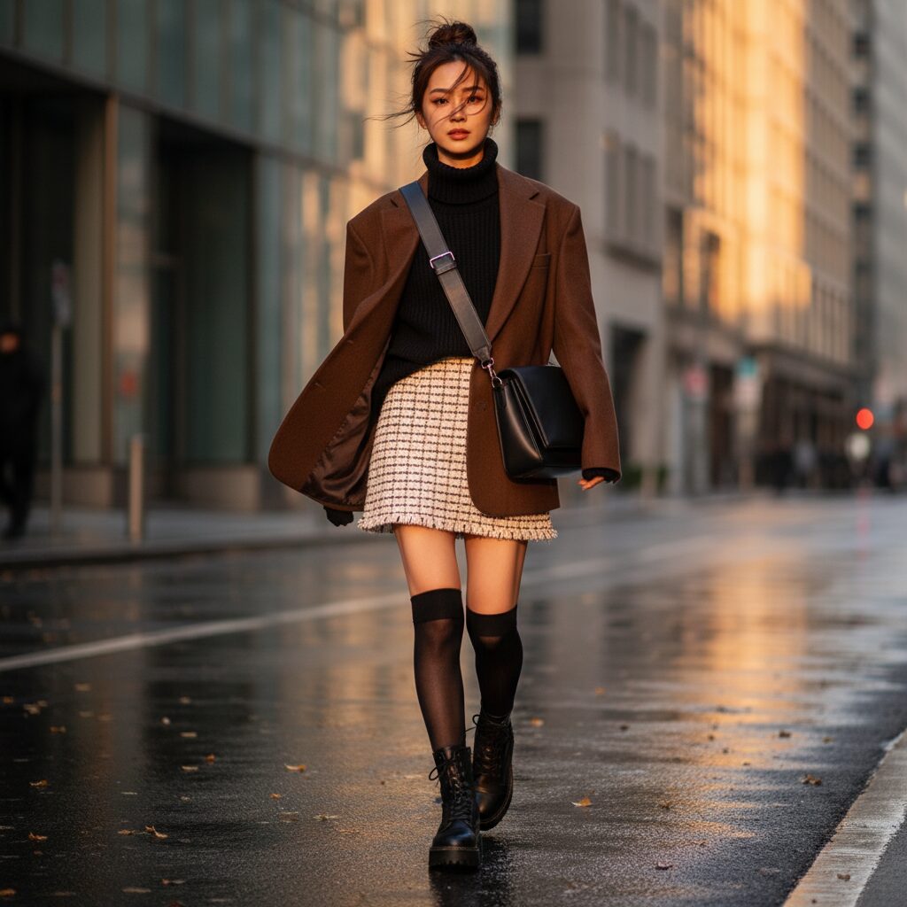自信を持って歩く女性のストリートスタイルポートレート。風でオーバーサイズジャケットが少し開き、クラシカルなツイードスカートとモダンなストリートシルエットの対比が見えます。2025年秋のファッショントレンド。