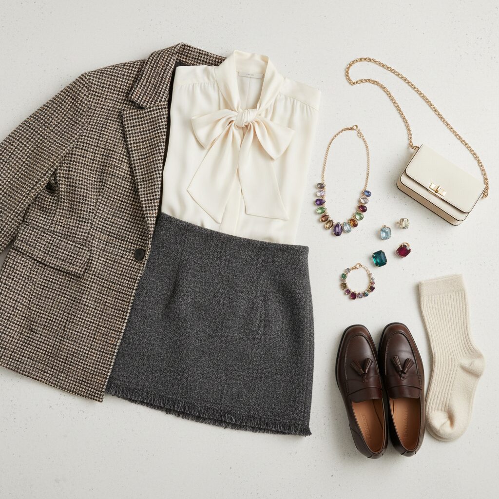 ミニマルな背景に並べられたコーディネートアイテムの置き画（フラットレイ）。ツイードミニスカート、ボウタイブラウス、オーバーサイズジャケット、アイボリーのルーズソックス、ローファー、そしてカラーストーンのアクセサリーがきれいに配置されています。