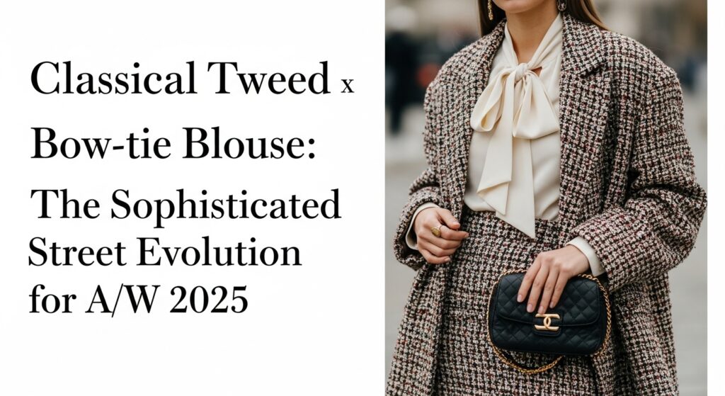 ツイードの超ミニスカートとボウタイブラウスにオーバーサイズジャケットを合わせた、2025年秋冬トレンドの上品ストリートスタイル