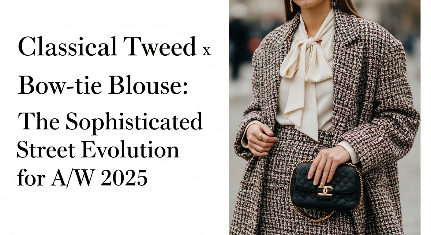 ツイードの超ミニスカートとボウタイブラウスにオーバーサイズジャケットを合わせた、2025年秋冬トレンドの上品ストリートスタイル