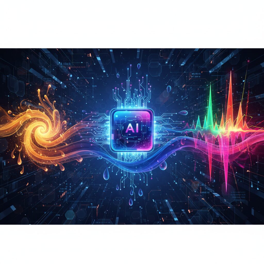 喜び、悲しみ、興奮といった感情を視覚的に表現した未来的な音波が、洗練された抽象的なAIコアから発せられている。背景には、データの流れを暗示するデジタルの風景が広がっている。