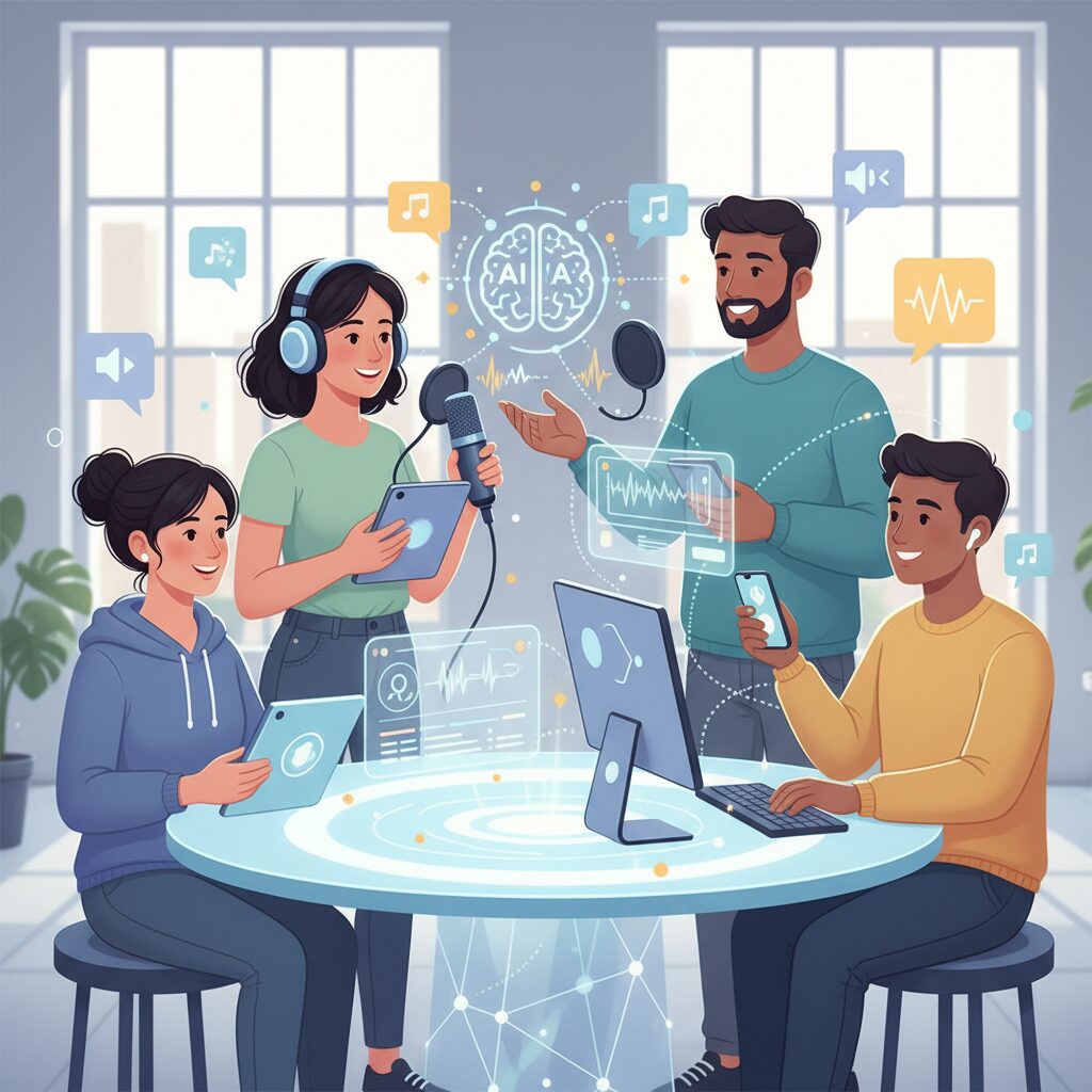 多様なコンテンツクリエイター、ポッドキャスター、教育者が、高品質なAI生成音声を聞きながら、マイク、ヘッドホン、タブレットなどのさまざまなデバイスを使って笑顔で作業している様子。協力とアクセシビリティに焦点を当てた、明るく魅力的な雰囲気。