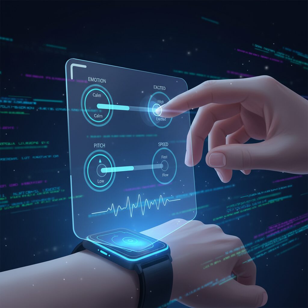 ホログラフィックなインターフェースを操作する人間の手のクローズアップ。AI音声モデルの感情、ピッチ、速度のパラメータが表示されている。背景にはデジタルのデータストリーム。ユーザーコントロールと精度が強調された、洗練されたデザイン。