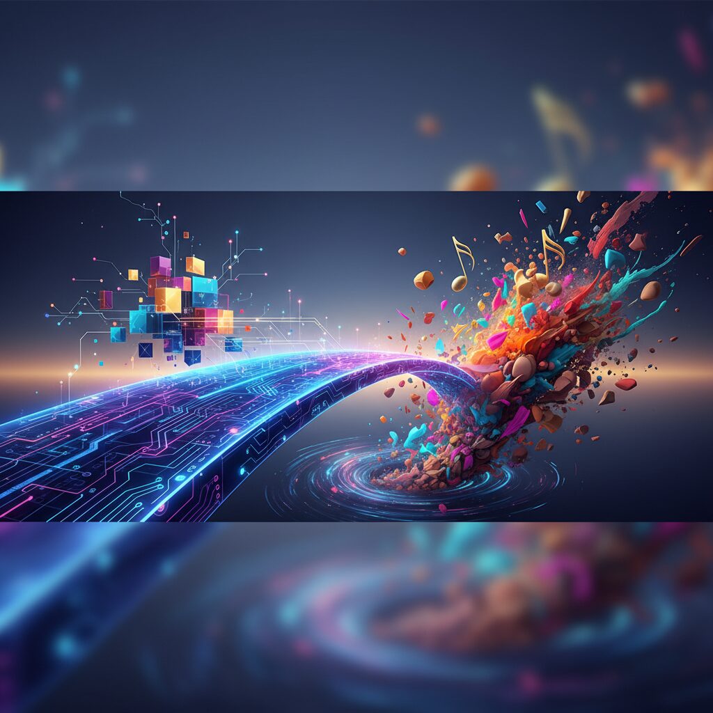 最先端のAI技術（光る回路で象徴）と人間の創造性および表現（音符や絵の具のストロークなどの芸術的要素で表現）を結びつける橋の抽象的な表現。ダイナミックでインスピレーションを与える。