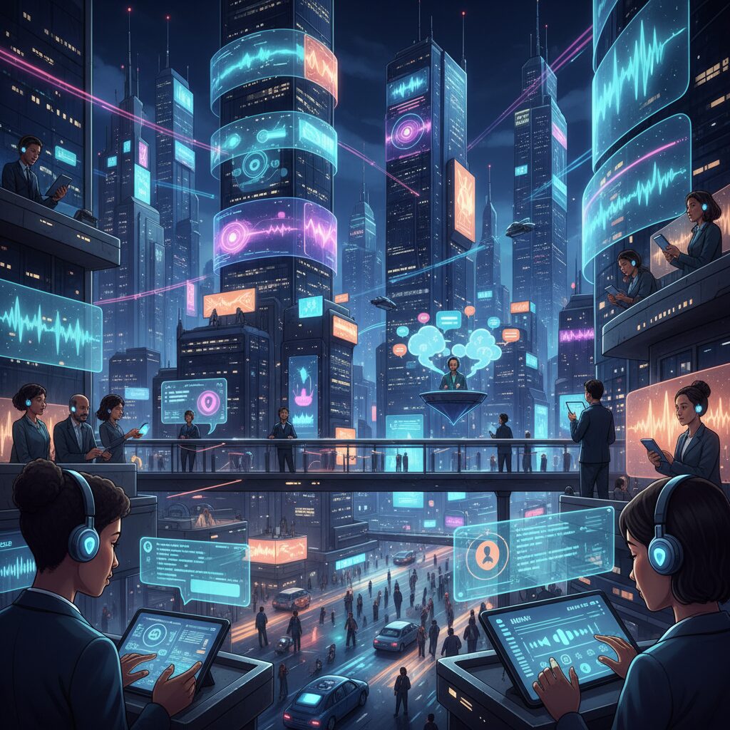 夜の活気に満ちた多様な都市の風景。デジタルの広告やメディアスクリーンには、AI生成音声コンテンツが大きく映し出されている。人々はデバイスに熱中し、情報やエンターテイメントを消費している。高度なAI音声の広範な影響を強調した、未来的なエネルギッシュなシーン。