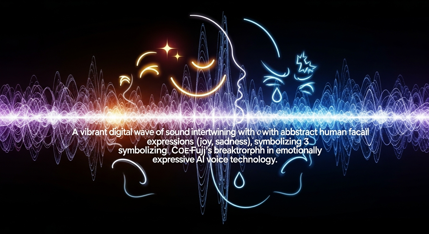 CoeFont v3 Fujiのロゴと、さまざまな感情を示す波形グラフがデジタルインターフェース上に表示されている様子。AI音声技術の画期的な進化を象徴している。