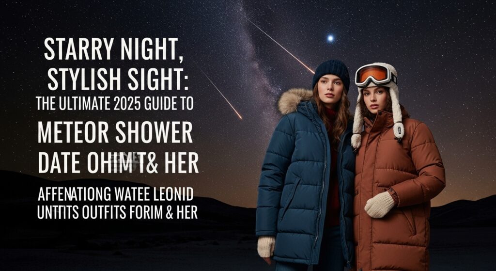 星空の下、暖かいアウトドアウェアを着てしし座流星群を仲良く眺めるカップル