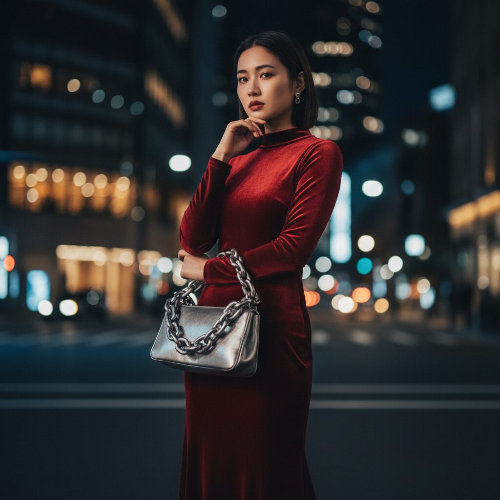 夜の街の光を背景に、深紅のベルベットのロングドレスを着た日本人女性。シルバーの太いチェーンバッグを持ち、自信に満ちたミステリアスな表情を浮かべている。