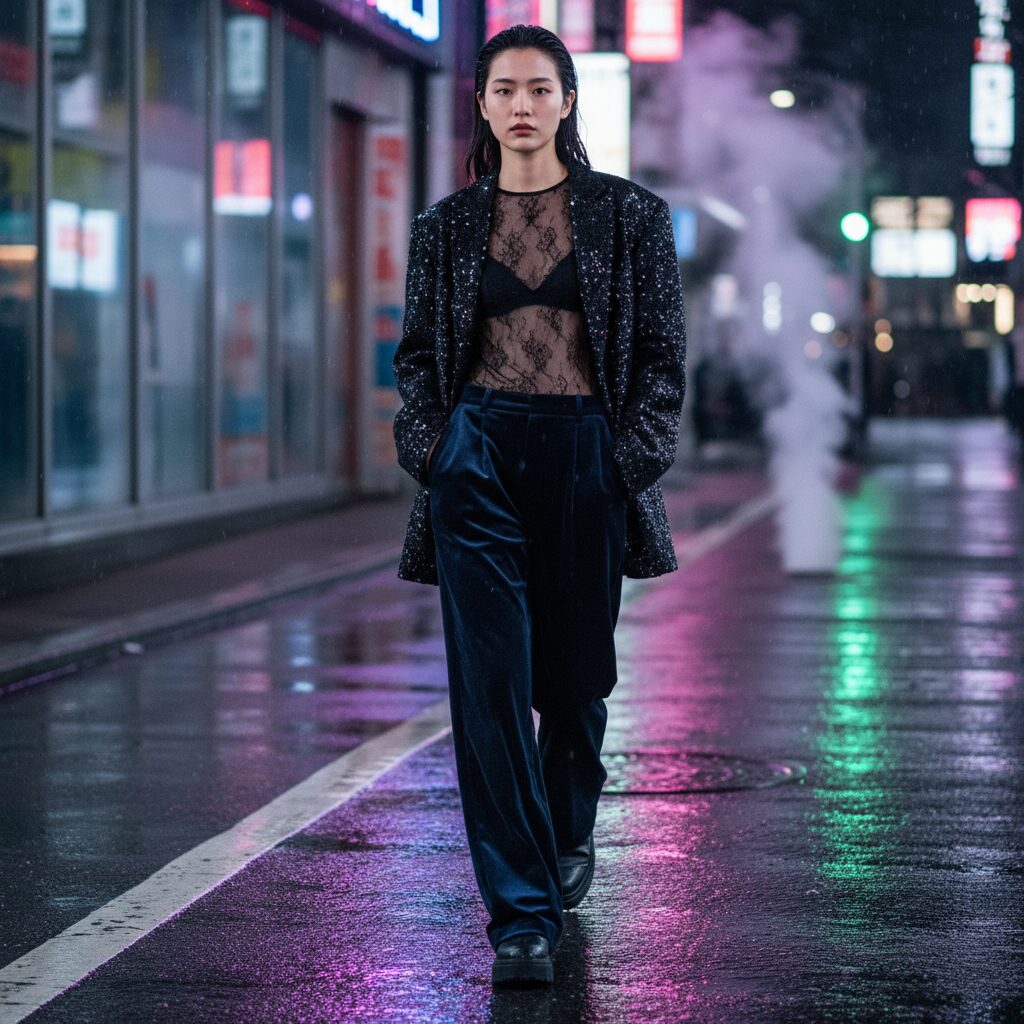 黒のオーバーサイズのスパンコールブレザーを、透け感のあるレーストップスとダークネイビーのワイドベルベットパンツに合わせた女性。濡れた路面にネオンが反射している、エッジの効いたストリートスナップ。