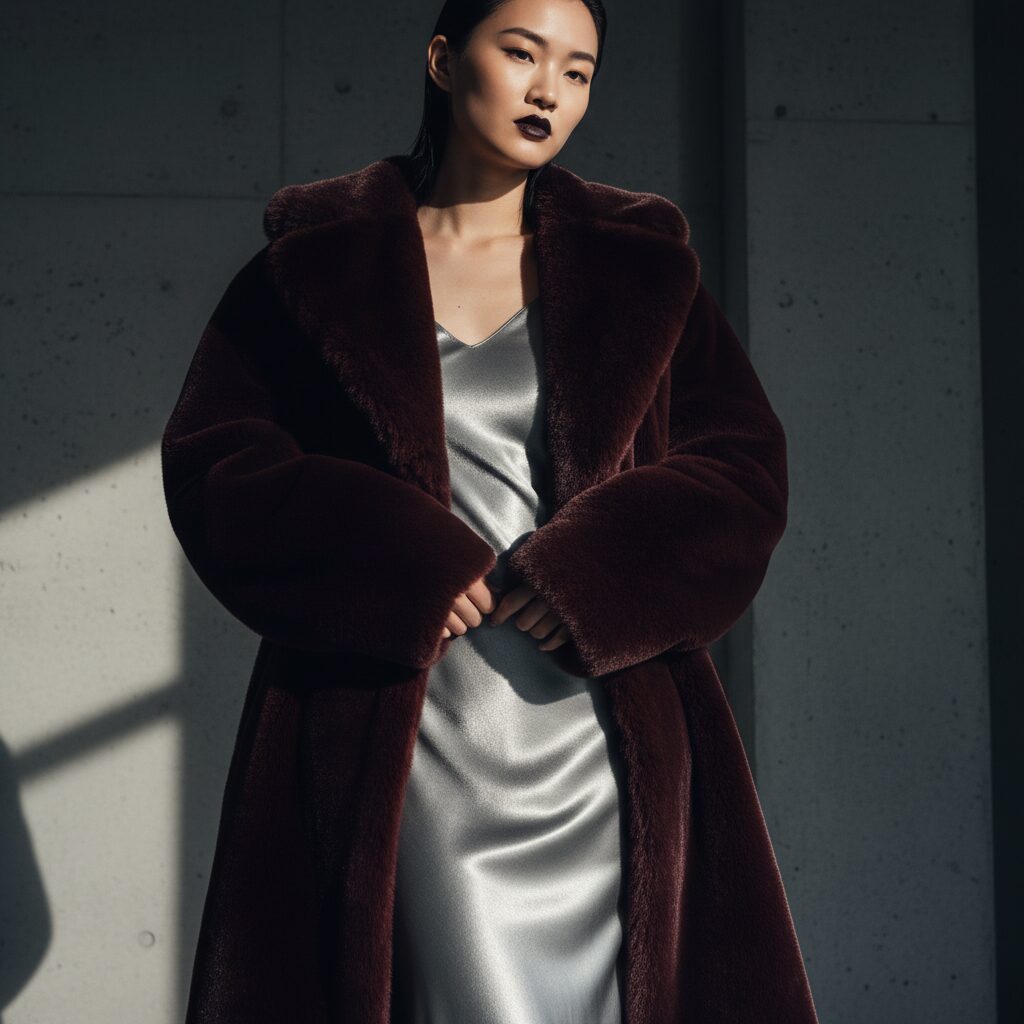 スタジオライティングと影を活かしたファッションポートレート。メタリックシルバーのスリップドレスの上に、重厚なダークバーガンディのフェイクファーコートを羽織った女性。濃い色のリップ、オールバックの髪型。「ヴィラン」のような強い美学。