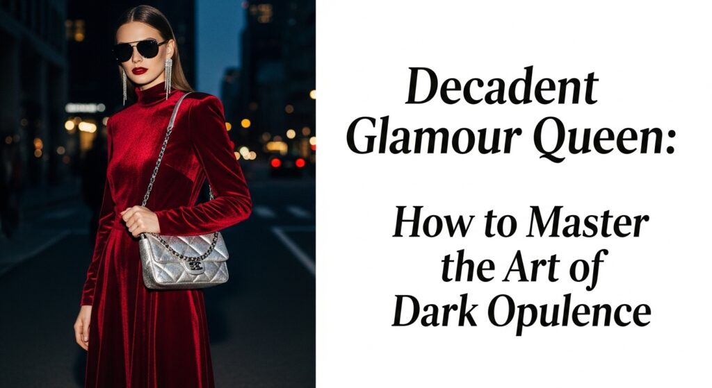 夜の街中で、深紅のベルベットドレスとシルバーのチェーンバッグを身につけ、強烈な存在感を放つ女性