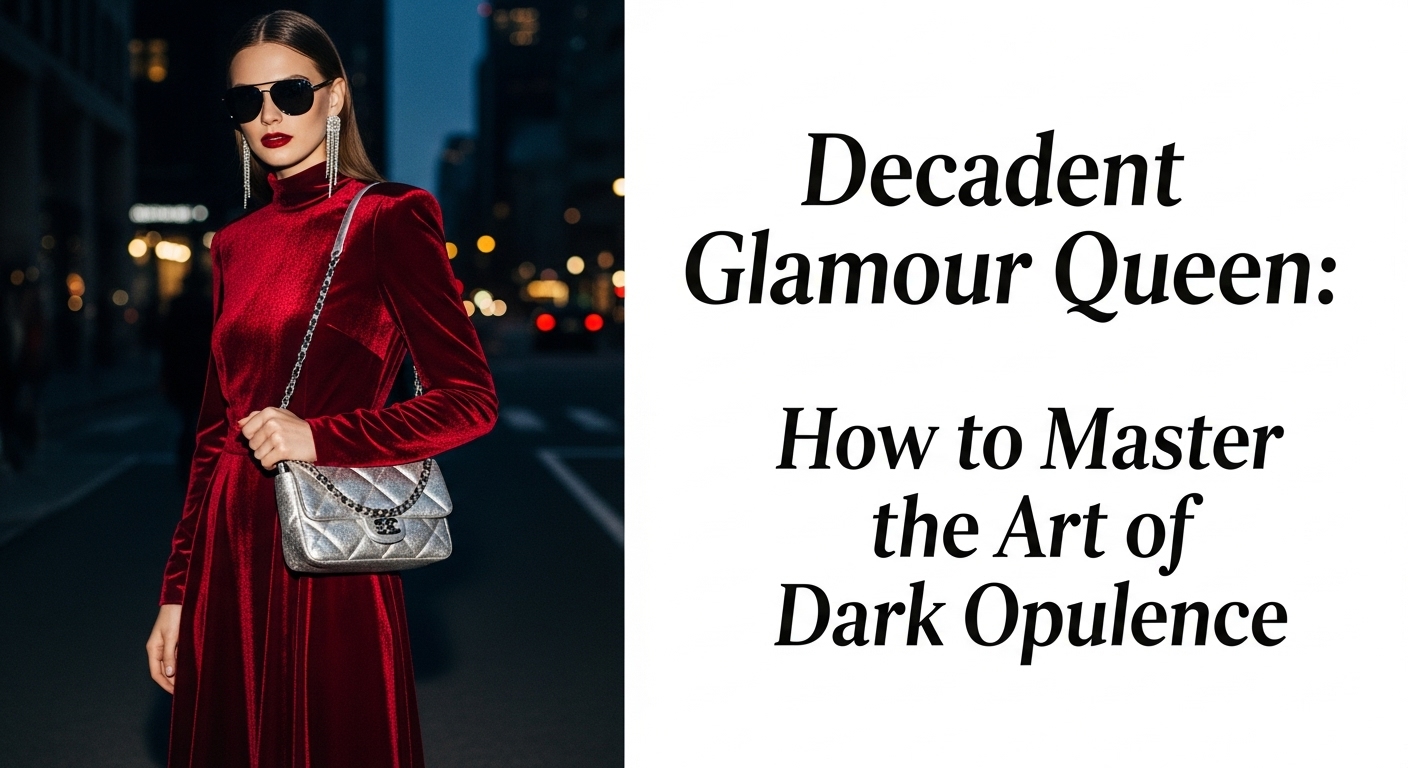 夜の街中で、深紅のベルベットドレスとシルバーのチェーンバッグを身につけ、強烈な存在感を放つ女性