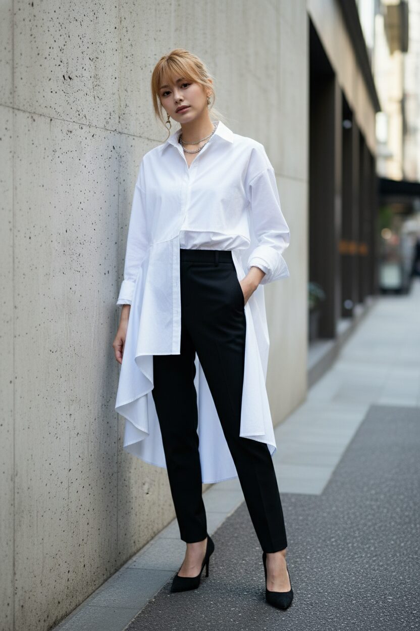 東京のミニマルなコンクリート壁を背景に立つ、30代前半のおしゃれな日本人女性。片方の裾が長くなったアシンメトリーなデザインの、オーバーサイズのデコンストラクテッド白シャツを着用している。ボトムスは滑らかな黒のテーラードパンツとポインテッドトゥのヒールを合わせている。全身ショットで、自信に満ち溢れながらも力の抜けたポーズを捉えている。プロのファッション撮影スタイルで、自然光が柔らかな影を作り出し、生地の質感を強調している。