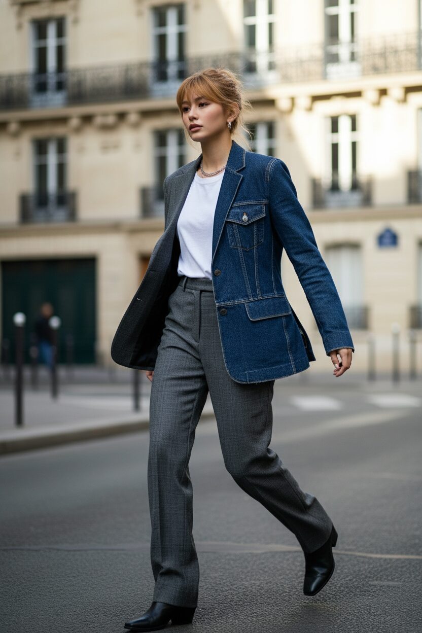 パリでのファッショナブルな人物のストリートスタイルショット。片面がクラシックなグレーのウール、もう片面がラギッドなブルーデニムという、ユニークな異素材ドッキングのデコンストラクテッド・ブレザーを着用。インナーはシンプルな白Tシャツ、ボトムスは共布のグレーウールパンツを合わせている。背景にはクラシックな建築様式のパリの街並みがぼかされている。動きのある瞬間に撮影されたような、ダイナミックな雰囲気の写真。ストリートスタイル写真、キャンディッドな雰囲気、ハイコントラスト。