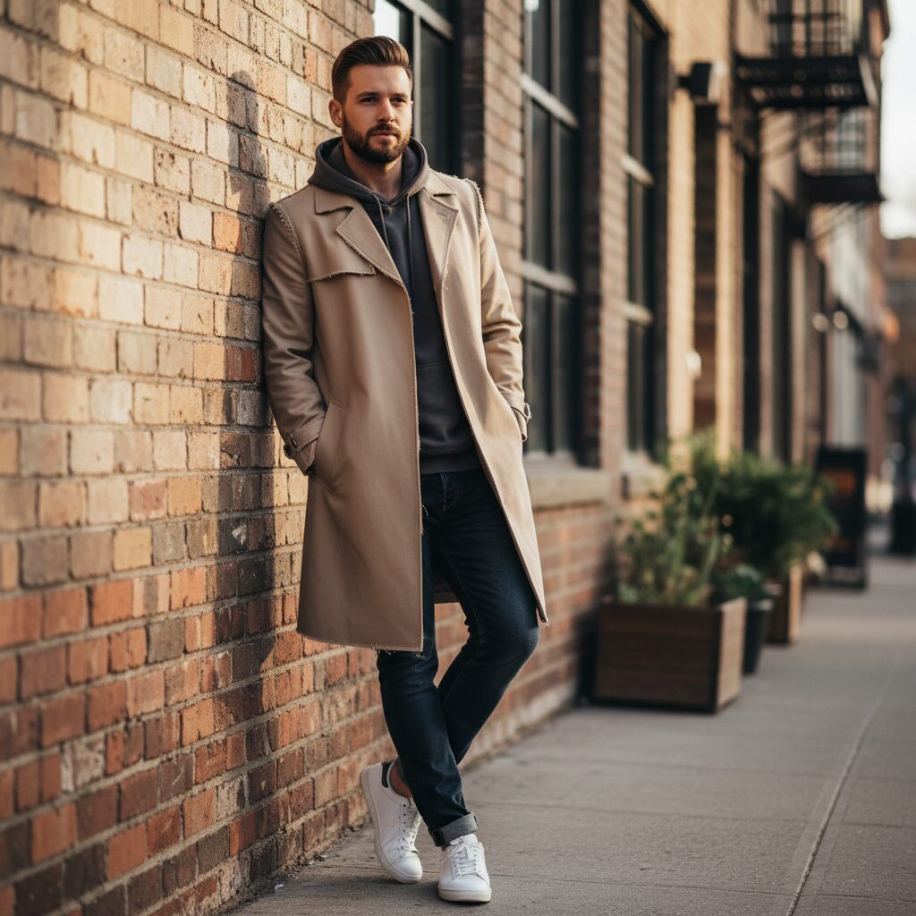 ブルックリンのようなトレンディな地区のレンガの壁にもたれる、20代後半のリラックスした男性。縫い目が見え、裾が切りっぱなしになった、ベージュのデコンストラクテッド・トレンチコートを羽織っている。インナーにはシンプルなグレーのフーディー、ダークウォッシュのジーンズ、そして白のスニーカーを合わせている。エフォートレスでクールなカジュアルスタイル。ストリートスタイル写真、ゴールデンアワーの光、リラックスした本物の瞬間を捉えている。
