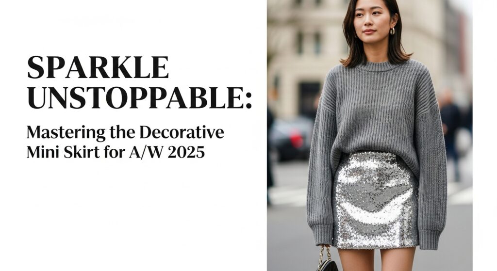 2025年秋冬の街角で、シルバーのスパンコールミニスカートにグレーのオーバーサイズニットを合わせた日本人女性のストリートスナップ
