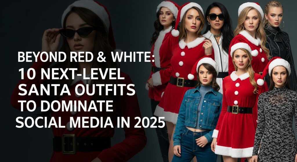 2025年の最新トレンドを取り入れた、色とりどりの進化系サンタコスプレを着てポーズをとる、多様な背景を持つ魅力的な女性たちのコラージュ写真。