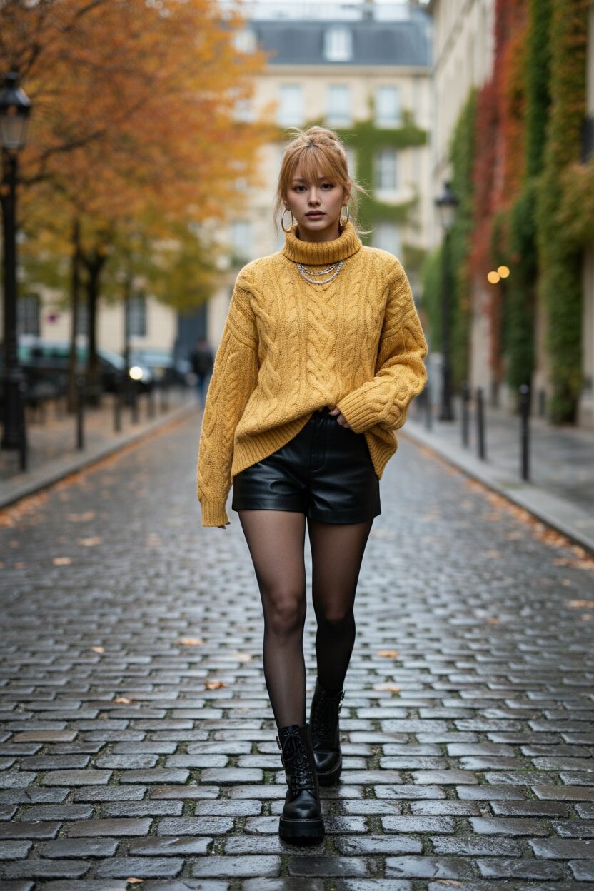 秋のヨーロッパの石畳の通りを歩く、20代前半の日本人女性のストリートスナップ。バターイエローのざっくりとしたオーバーサイズのニットに、黒のレザーマイクロショートパンツ、シアーな黒タイツと厚底のコンバットブーツを合わせており、背景には紅葉が見える。