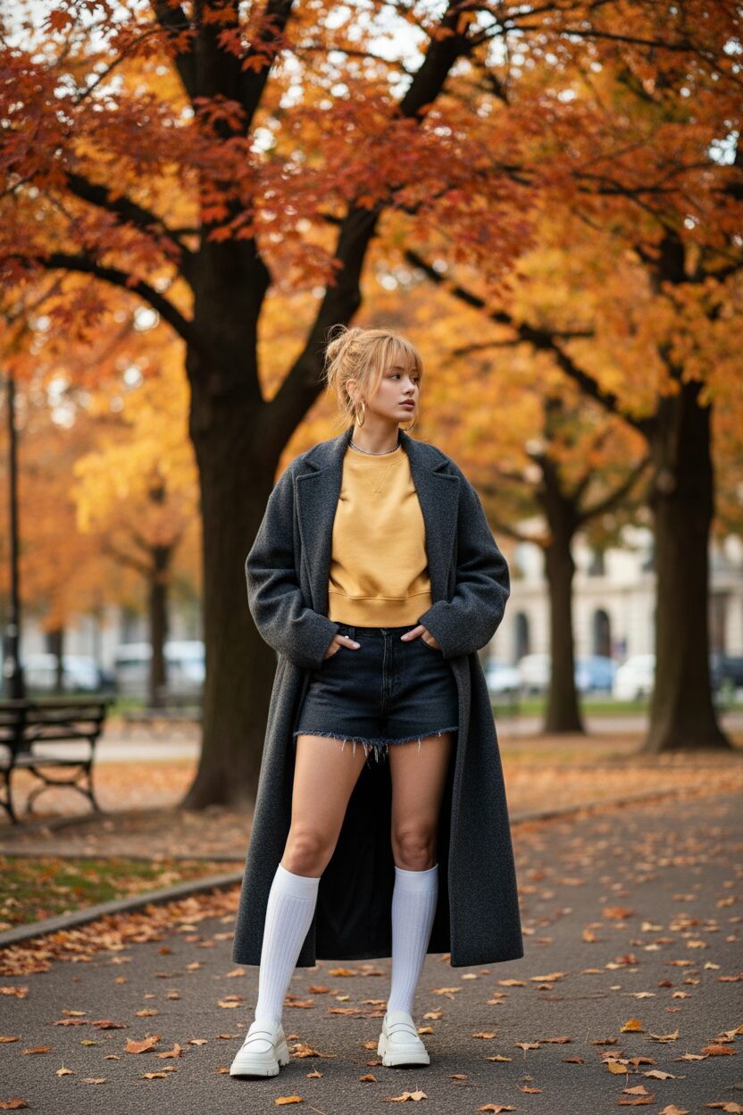 チャコールグレーのロングコートを羽織ったおしゃれな女性の全身写真。コートの下にはバターイエローのクロップド丈スウェットと、濃い色のデニムマイクロショートパンツを合わせ、足元は白のニーハイソックスと厚底ローファーでまとめている。秋の木々が見える都会の公園に立つ姿。