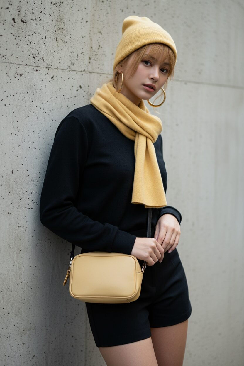 ファッション感度の高い人物の、小物に焦点を当てたクローズアップ写真。黒のトップスとマイクロショートパンツというシンプルな服装に、バターイエローのミニバッグ、カシミアのビーニー、そして同色のマフラーが鮮やかなアクセントになっている。背景はミニマルなコンクリートの壁。