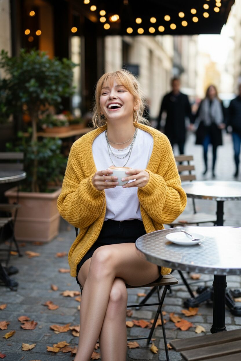 秋のカフェのテラス席に座る女性の自然な一枚。白Tシャツと黒のマイクロショートパンツの上に、バターイエローのチャンキーニットカーディガンを肩掛けしている。コーヒーカップを片手に楽しそうに笑っている。