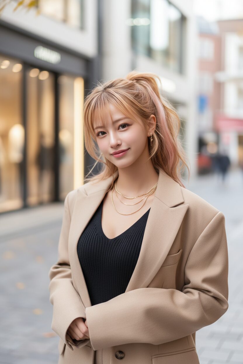 黒の深いVネックニットにオーバーサイズのベージュのテーラードジャケットを羽織った30代前半の日本人女性。