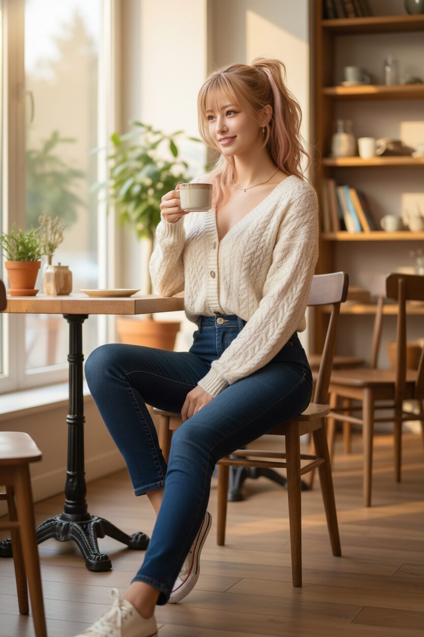 オフホワイトのざっくりとしたVネックカーディガンのボタンを少し開けてトップスとして着こなし、ハイウエストのダークデニムを合わせた女性。