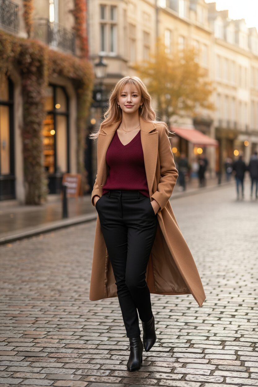 秋のヨーロッパ風の石畳の通りを歩く20代後半のスタイリッシュな女性。上品なキャメル色のロングコートから、リッチなバーガンディカラーのカシミアVネックセーターを覗かせている。