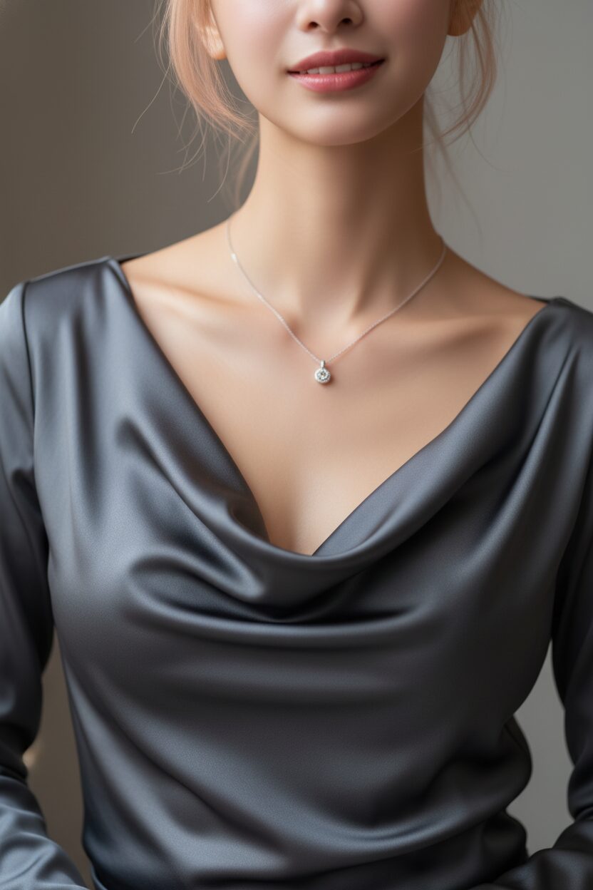 チャコールグレーのシルクのようなドレープが美しいカウルネックトップスの胸元に焦点を当てたクローズアップ写真。